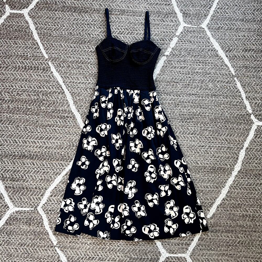 Marina Moscone Smocked Cotton Bustier Midi Dress Sz 4